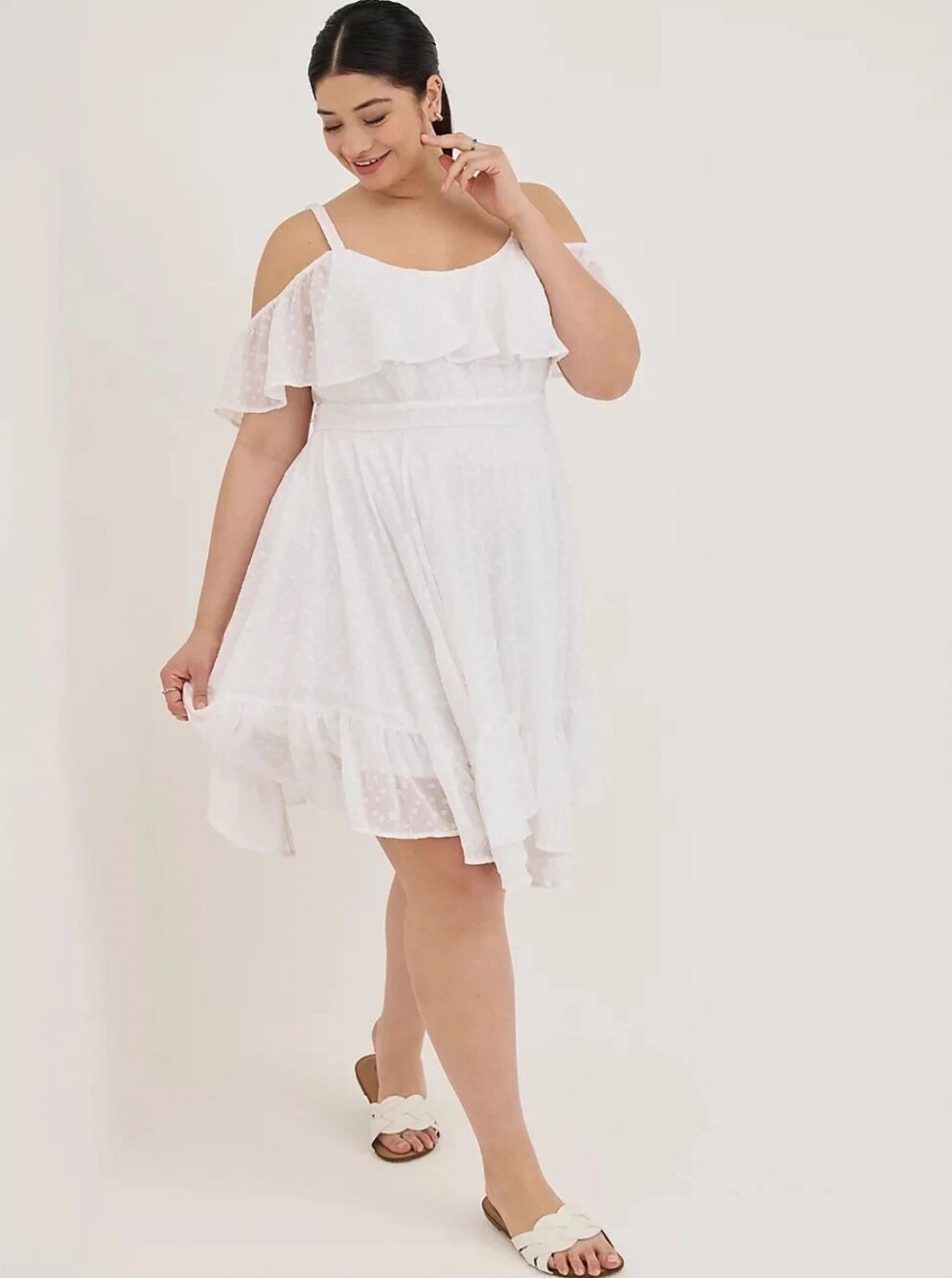Torrid White Chiffon Lurex Clip Dot Hankie Hem Skater Dress 2X Wedding Party - Picture 3 of 10